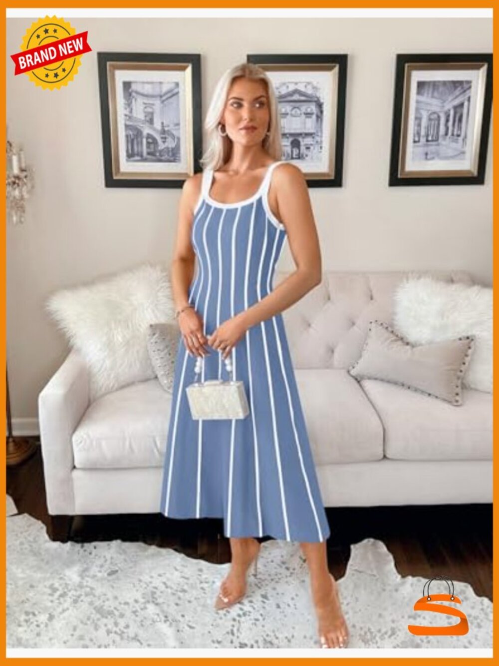 Striped A-Line Sleeveless Midi Dress - Knit Beach Vacation Outfit - Picture 5 of 7